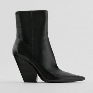NEW Zara Black Pointy Toe Heeled Cowboy Ankle Boot